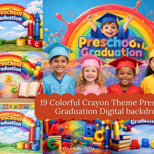Può includere: Uno sfondo digitale colorato per la laurea prescolare, con un arcobaleno, pastelli e le parole "Preschool Graduation". L'immagine include bambini con cappelli e abiti da laurea e il testo "19 Colorful Crayon Theme Preschool Graduation Digital backdrop."