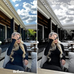 Peut inclure: Une femme portant une chemise noire &agrave; manches longues et des lunettes de soleil est assise &agrave; une table dans un caf&eacute; en plein air. Le caf&eacute; a un design moderne avec des murs blancs et des tables et des chaises en bois. Le ciel est bleu avec des nuages blancs.