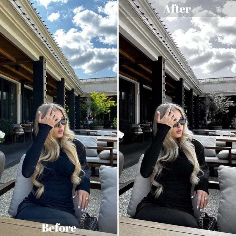 Peut inclure: Une femme portant une chemise noire &agrave; manches longues et des lunettes de soleil est assise &agrave; une table dans un caf&eacute; en plein air. Le caf&eacute; a un design moderne avec des murs blancs et des tables et des chaises en bois. Le ciel est bleu avec des nuages blancs.