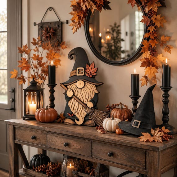 Halloween Witch Gnome SVG | Witch Gnome with Broom Laser Cut File | Halloween Door Decor | Glowforge xTool LightBurn DXF SVG