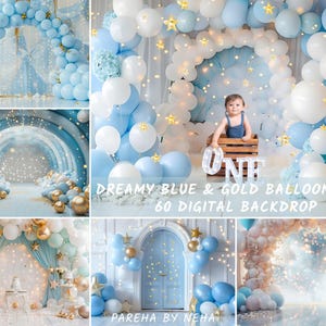 Blue & Gold Balloon Arch Digital Backdrop: Cake Smash Photography (PNG)