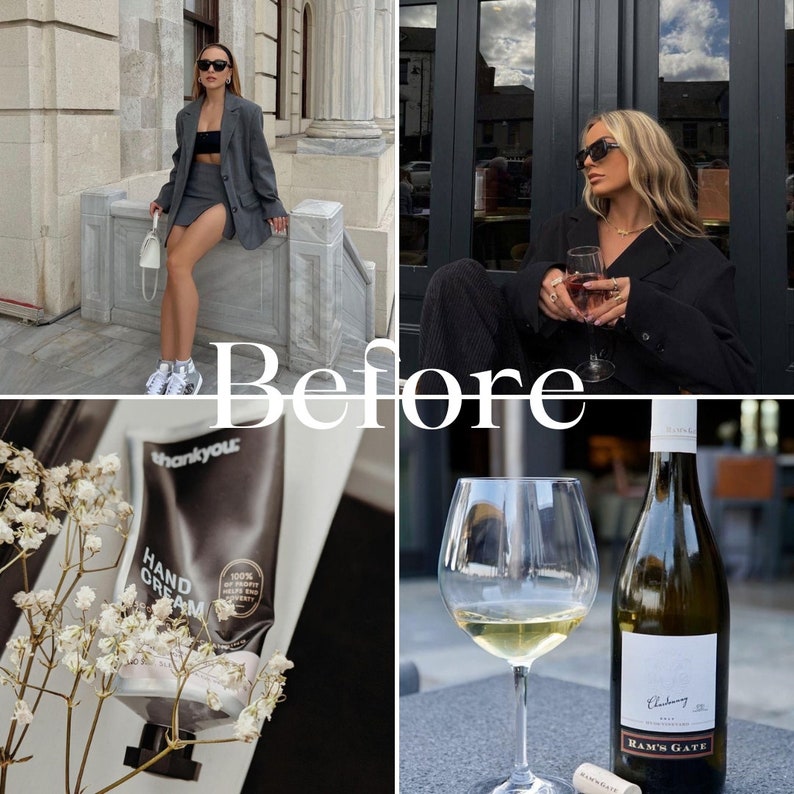 Peut inclure: Un collage de quatre images. L'image en haut &agrave; gauche montre une femme portant un blazer et une jupe gris, assise sur un banc en pierre. L'image en haut &agrave; droite montre une femme portant un blazer noir et des lunettes de soleil, assise sur une chaise avec un verre de vin. L'image en bas &agrave; gauche montre un flacon de cr&egrave;me pour les mains blanche avec le texte "thankyou" dessus. L'image en bas &agrave; droite montre une bouteille de vin blanc avec le texte "RAM'S GATE" dessus, &agrave; c&ocirc;t&eacute; d'un verre de vin blanc.
