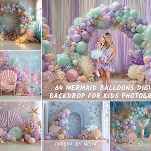Könnte beinhalten: Ein digitaler Hintergrund für Kinderfotografie mit Meerjungfrauen-Thema. Die Szene umfasst pastellfarbene Ballons, Muscheln, Seesterne und Korallen. Der Text lautet "64 Mermaid Balloons Digital Backdrop for Kids Photography."