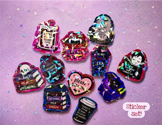 Holographic Vampire Sticker Pack | Waterproof Booktok Stickers | Kindle Decor | Dark Romance Stickers | Cute Goth Vinyl Set