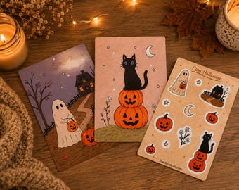 May include: Two rectangular art prints and one sticker sheet featuring Halloween illustrations. One print shows a ghost with a pumpkin bucket near a house, the other a black cat on stacked pumpkins. The sticker sheet includes ghosts, cats, and pumpkins.