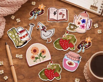 Cottagecore Sticker Pack | Hand-Drawn Strawberry, Goose, Teapot Designs (Vinyl)