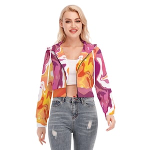 Leather Pride Crop Top Hoodie, gegossenes Lackdesign, Reißverschluss für Lesben, Sapphics, TLW, vollständig personalisierbare Farbe oder Text