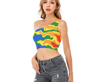 Gay Rainbow Pride One-Shoulder Cropped Top, poured paint Colors of Rainbow Pride Flag, Gay Pride, LGBT Clothing, Gift for LGBTQIA or Cis