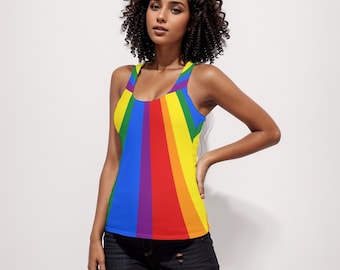 Camiseta sin mangas Rainbow Pride Racerback / Algodón 190GSM para LGBTQIA Gay Queer Diseño Rainbow Sunrise Totalmente personalizable para color o texto,