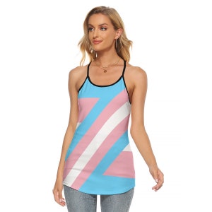 Transgender Pride Criss-Cross Open Back Tank Top Sizes to 5XL, Painted Colors of Trans Pride Flag LGBTQIA+ Clothing Gift for Trans