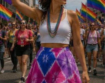 Spódnica Bisexual Pride Bazyrey z kieszeniami, wzór Shibori Tie Dye w kolorach flagi Bi Pride, rozmiary S-2XL, prezent dla osób biseksualnych