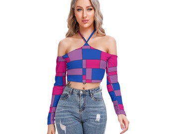 Bisexual Pride halterneck cropped top off the shoulder long sleeves Colors of Bisexual Pride Flag Gift for Bisexuals