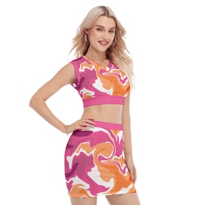 Lesbian Pride Skirt Suit Lesbian Pride Flag Poured Paint Design Lesbian Crop Top Lesbian Skirt Gift for Lesbians Sapphics WLW