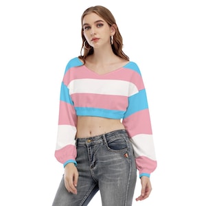 Transgender Pride V-neck Long-Sleeved Crop Top, Colors of Transgender Pride Flag, LGBT Clothing, Perfect Gift for Transgender