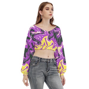 Non-Binary Pride V-neck Long-Sleeved Crop Top, Poured Paint Colors of Non-Binary Flag, Perfect Gift for Non-Binary, Enby, NB indiviuals