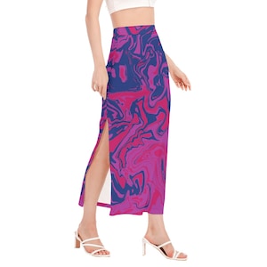 Bisexual Pride Side  Slit Long Skirt, Poured Paint Colors of Bisexual Pride Flag, LGBT Clothing, Gift for Bisexual  .