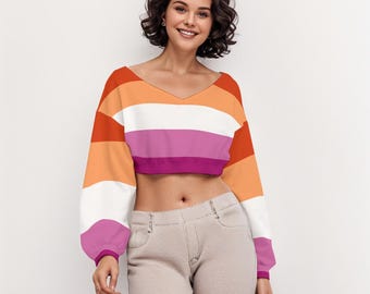 Lesbian Pride V-neck Long-Sleeved Crop Top, Colors of Lesbian Pride Flag, LGBT Clothing, Gift for Lesbian, Sapphic, WLW, GLG