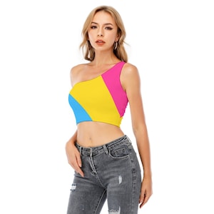 Pansexual Pride One-Shoulder Cropped Top, Colors of Pansexual Pride Flag, Pansexual Pride, LGBT Clothing, Gift for Pansexual