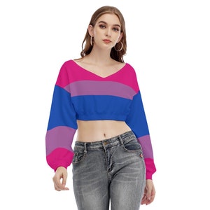 Bisexual Pride V-neck Long-Sleeved Crop Top, Colors of Bisexual Pride Flag, LGBT Clothing, Perfect Gift for Bisexuals