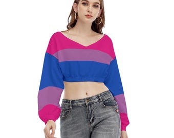 Bisexual Pride V-neck Long-Sleeved Crop Top, Colors of Bisexual Pride Flag, LGBT Clothing, Perfect Gift for Bisexuals