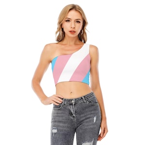 Transgender Pride One-Shoulder Cropped Top, Colors of Transgender Flag, Transgender Pride, LGBT Clothing, Gift for Trans