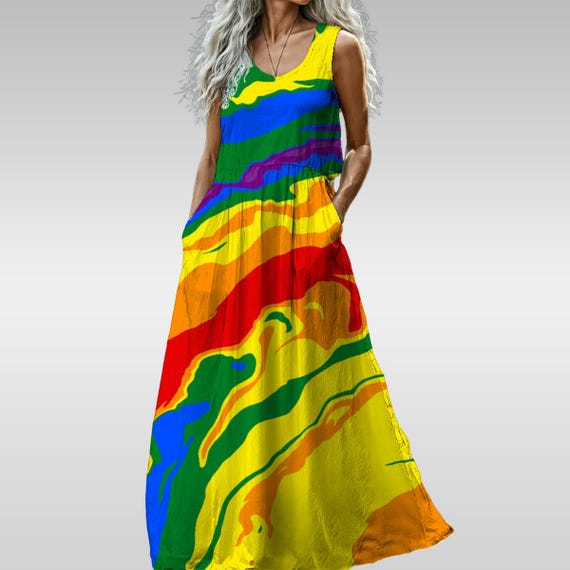 Rainbow Pride Sleeveless Maxi Dress with Pockets, Poured Paint Design in Colors of Gay Pride Flag, Ideal for Gay, Queer, LGBTQIA+