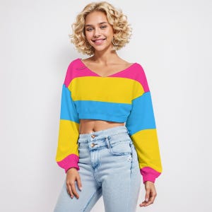 Pansexual Pride crop top met V-hals en lange mouwen Kleuren van pansexual-vlag Perfect cadeau voor pansexuals voor Pride Month Pride Marches