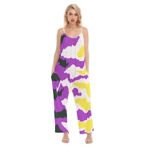 May include: A purple, yellow, and green camouflage print jumpsuit with thin straps. The jumpsuit has pockets on the sides.