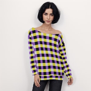 Non-Binary Pride Oversized Off-Shoulder Sweatshirt Gingham-Style Design Ideal for Non-Binary Persons Enby Pride Top for Pride Events
