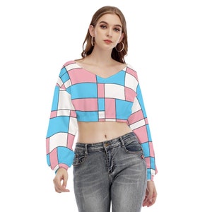 Transgender Pride V-neck Long-Sleeved Crop Top, Blocks in Colors of Transgender Pride Flag, LGBT Clothing, Perfect Gift for Transgender