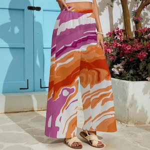 Lesbian Pride Pants Lightweight Wide Leg Pants Poured Paint Colors of Lesbian Pride Flag Sapphic Clothing, Gift for Lesbians WLW Sapphics
