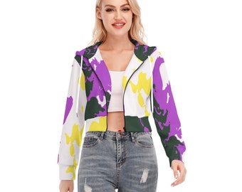 Non-Binary Pride Crop Top Hoodie, Poured paint design, Zipper Closure for Non-Binaries, Cis, totally personalizable color or text