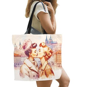 Lesbian Pride High-Grade Canvas Tote Bag Lesbian Kiss in 1950s Prague Sturdy Handle Interior Pocket for Phone Optional Add Your Own Text