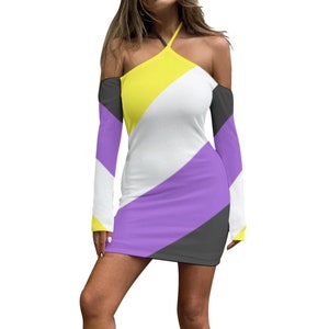 Non-Binary Pride Halter Lace-up Dress, colors of Enby flag, totally personalizable for color or text, ideal for Non-Binary, Enby, CIS