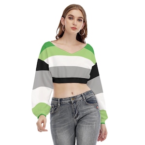 Aromantic Pride V-neck Long-Sleeved Crop Top, Colors of Aromantic Flag, Perfect Gift for Aromantic, Aroace Spectrum
