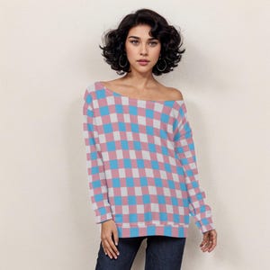 Felpa oversize con spalle scoperte &quot;Transgender Pride&quot;, design a quadretti, ideale per persone transgender, top Trans Pride per eventi Pride