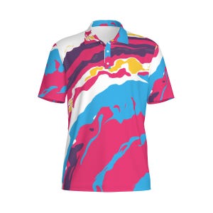 May include: A short-sleeved polo shirt with a vibrant abstract design. The shirt features a white collar and a button-down placket. The colorful pattern includes swirls of pink, blue, purple, yellow, and white, creating a bold and eye-catching look.