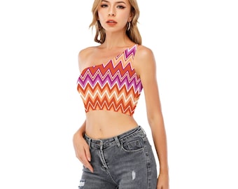 Lesbian Pride One-Shoulder Cropped Top, ZigZag Colors of Lesbian Flag Lesbian Pride LGBTQIA+ Clothing Gift for Lesbian or Cis