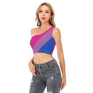 Bisexual Pride One-Shoulder Cropped Top, Colors of Bisexual Pride Flag, Bisexual Pride, LGBT Clothing, Gift for Bisexual