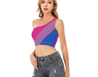 Bisexual Pride One-Shoulder Cropped Top, Colors of Bisexual Pride Flag, Bisexual Pride, LGBT Clothing, Gift for Bisexual