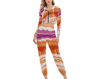 Lesbian Pride Crop Hoodie Sports Set Sizes to 5XL Poured Paint Design with Colors of Lesbian Flag LGBTQ+ Clothing for Lesbians Sapphics WLW