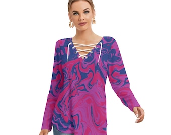 Bisexual Pride Sweatshirt Long Sleeve Neckline Tie Sweatshirt Bi Pride Flag Poured Paint Design Sizes to 4XL Gift for Bisexuals