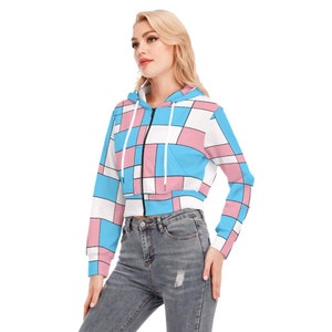 Transgender Pride Crop Top Hoodie Block Design of Colors of Transgender Flag Zipper Closure for Trans Women Trans Men Trans Non-Binary Cis