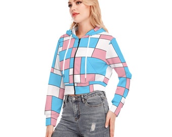 Transgender Pride Crop Top Hoodie Block Design of Colors of Transgender Flag Zipper Closure for Trans Women Trans Men Trans Non-Binary Cis