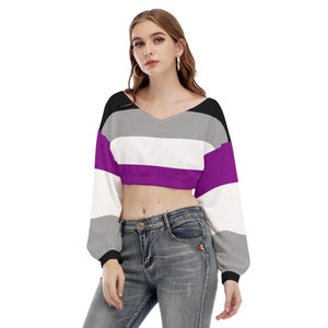 Aseksuele trots V-hals crop top met lange mouwen, kleuren van aseksuele vlag, perfect cadeau voor aseksuelen, Aroace Spectrum