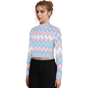 Transgender Pride Turtleneck Long-Sleeved Crop Top, Zigzag Colors of Transgender Pride Flag, LGBTQ+ Clothing, Perfect Gift for Transgender
