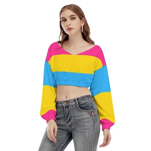 Pansexual Pride V-neck Long-Sleeved Crop Top Colors of Pansexual Flag Perfect Gift for Pansexuals for Pride Month Pride Marches