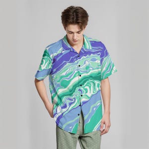 MLM Gay Men Pride Hawaiian Shirt | 115GSM Cotton Poured Paint Colors of Gay Men Pride Flag LGBTIQ+ Clothing for Gay Men MLM Hawaiian Shirt
