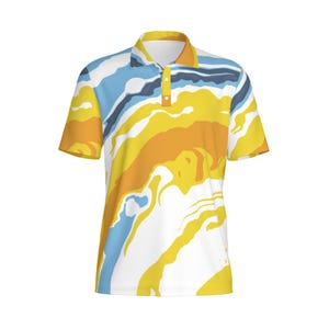 May include: A short-sleeved polo shirt with a vibrant abstract design. The shirt features a white base with flowing patterns in yellow, orange, blue, and navy. It has a collared neckline and three buttons.