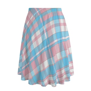 May include: A blue and pink plaid skirt with a flared silhouette.